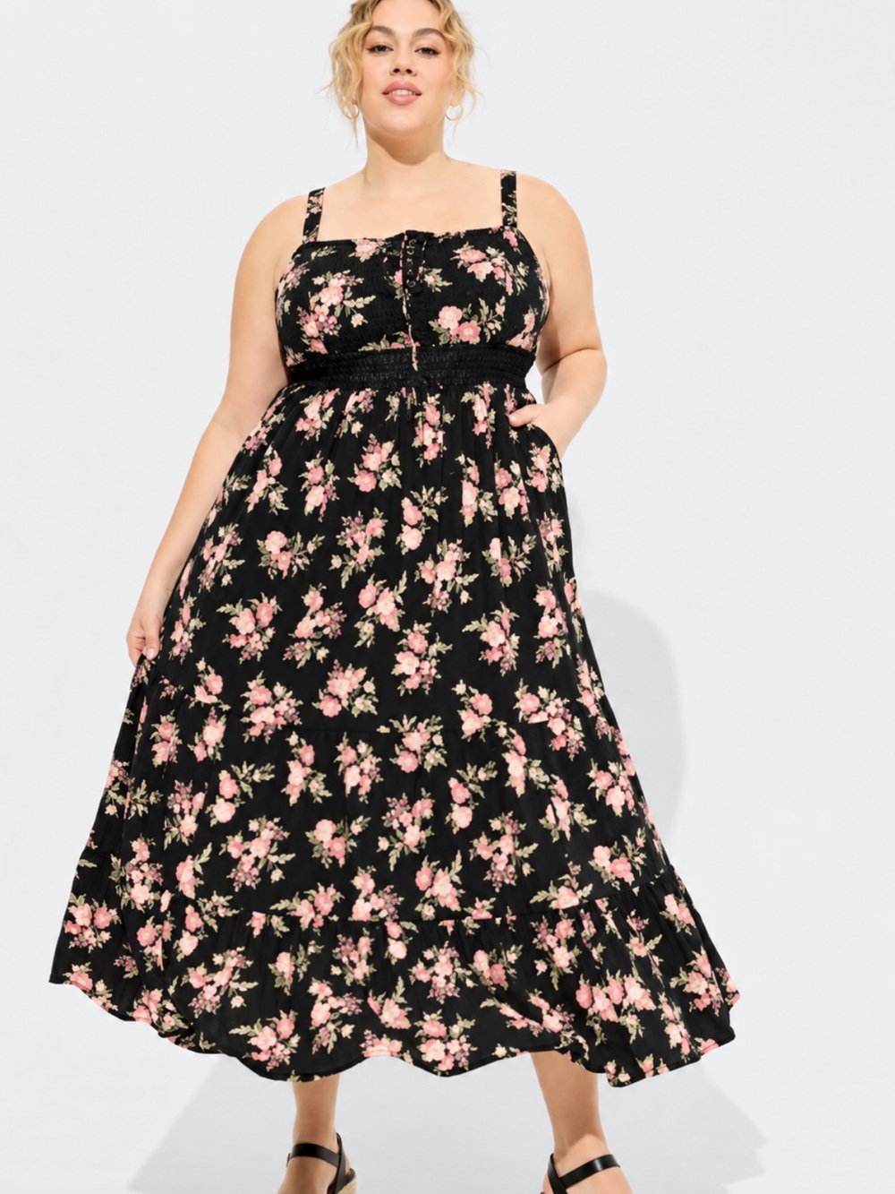 Torrid Size 3 Black Pink Floral Smocked Maxi Dress Cottagecore